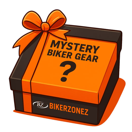 Mystery Gift box by BikerZoneZ in orange with a bow, biker gear themed gift on Tampa Home & Garden Store