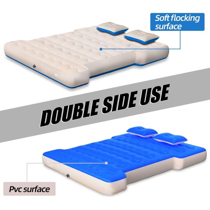 5.5-5.8ft pickup truck bed air mattress beige with soft flocking surface and two pillows on Tampa Home & Garden Store