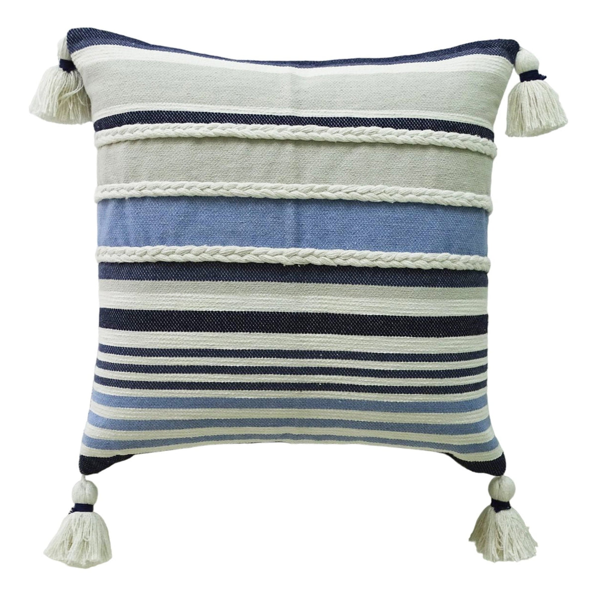 Throw Pillow handwoven braided textured stripe decor with navy and cream stripes and tassel corners on Tampa Home & Garden Store