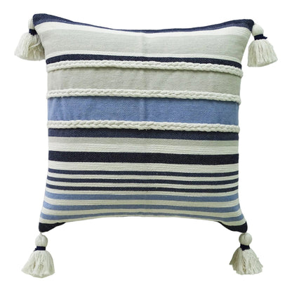 Throw Pillow handwoven braided textured stripe decor with navy and cream stripes and tassel corners on Tampa Home & Garden Store