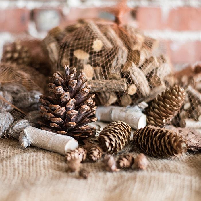 Pine Cone Decoration by RusticReach; set of natural brown pinecones with burlap and wood accents on Tampa Home & Garden Store