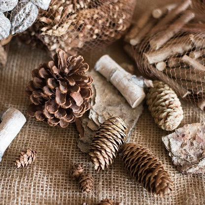 Pine cone decoration by RusticReach featuring natural brown pinecones on burlap on Tampa Home & Garden Store