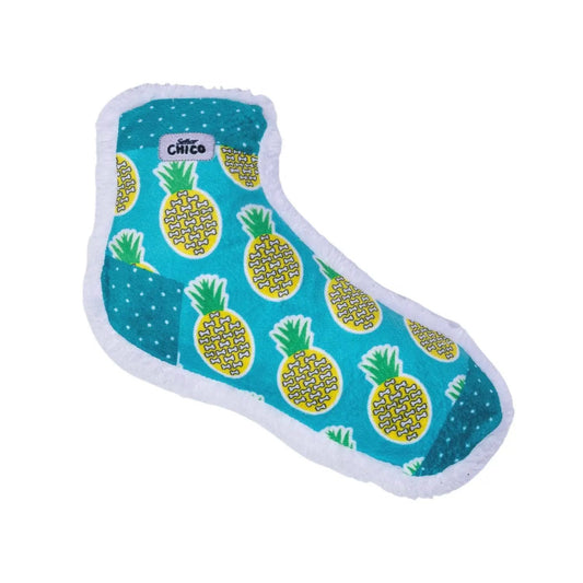 Squeaky pineapple plush sock dog toy teal with white trim and pineapple print on Tampa Home & Garden Store