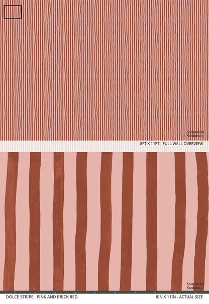 Dolce Stripe wallpaper in pink and brick red with vertical stripes Samantha Santana Creative on Tampa Home & Garden Store
