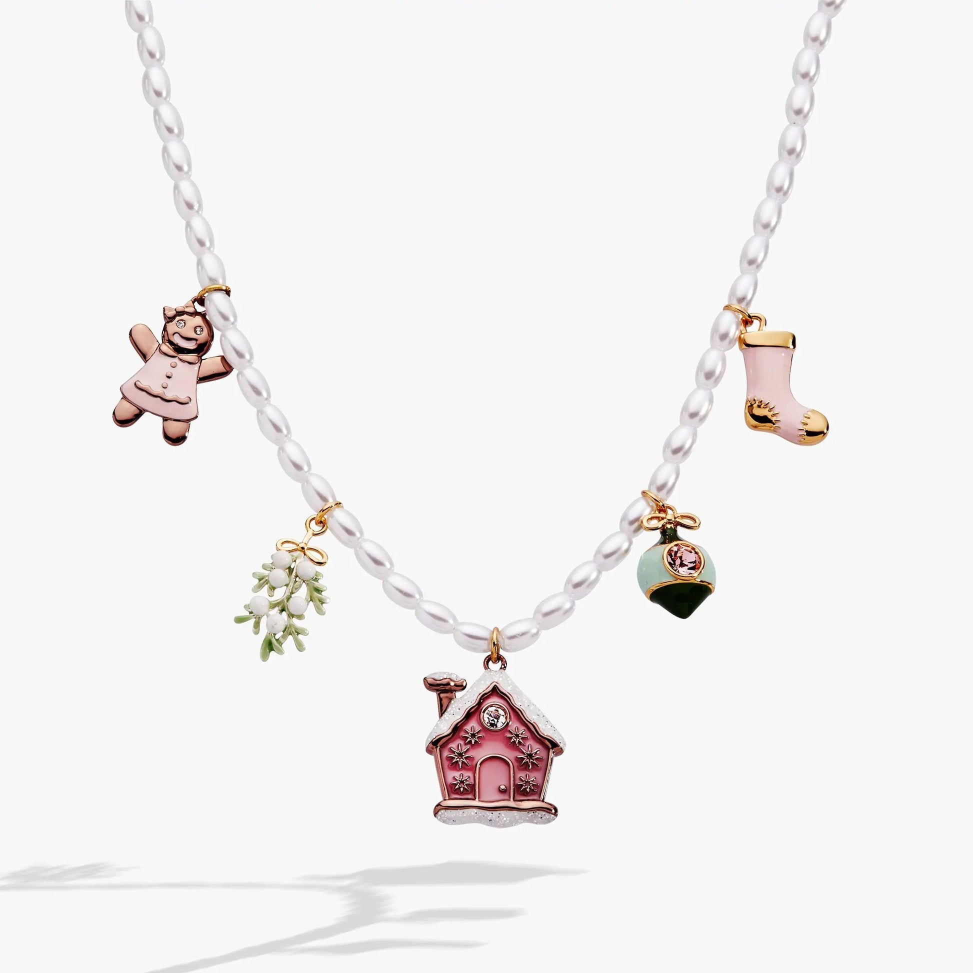 Pink Christmas Beaded Charm Necklace with pearl beads and gingerbread charm by ALEX AND ANI on Tampa Home & Garden Store