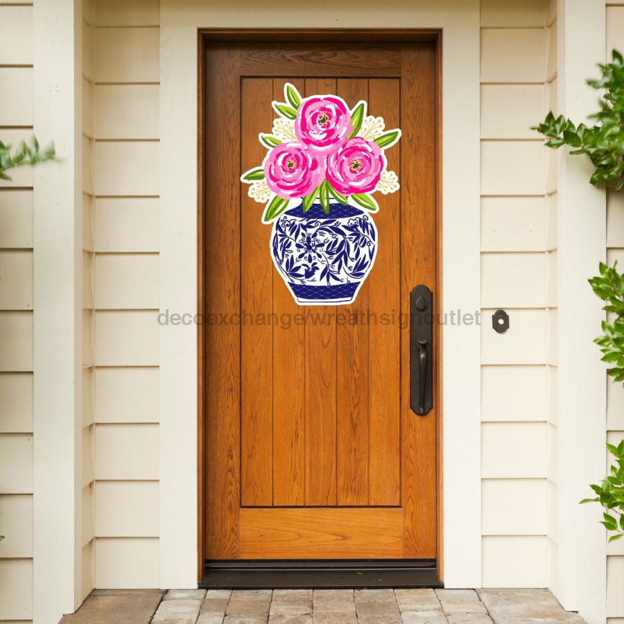 Colgador de puerta con flores rosas, agujeros para moños, letrero de madera, DECOE-W-903449, colgador de puerta de 22"