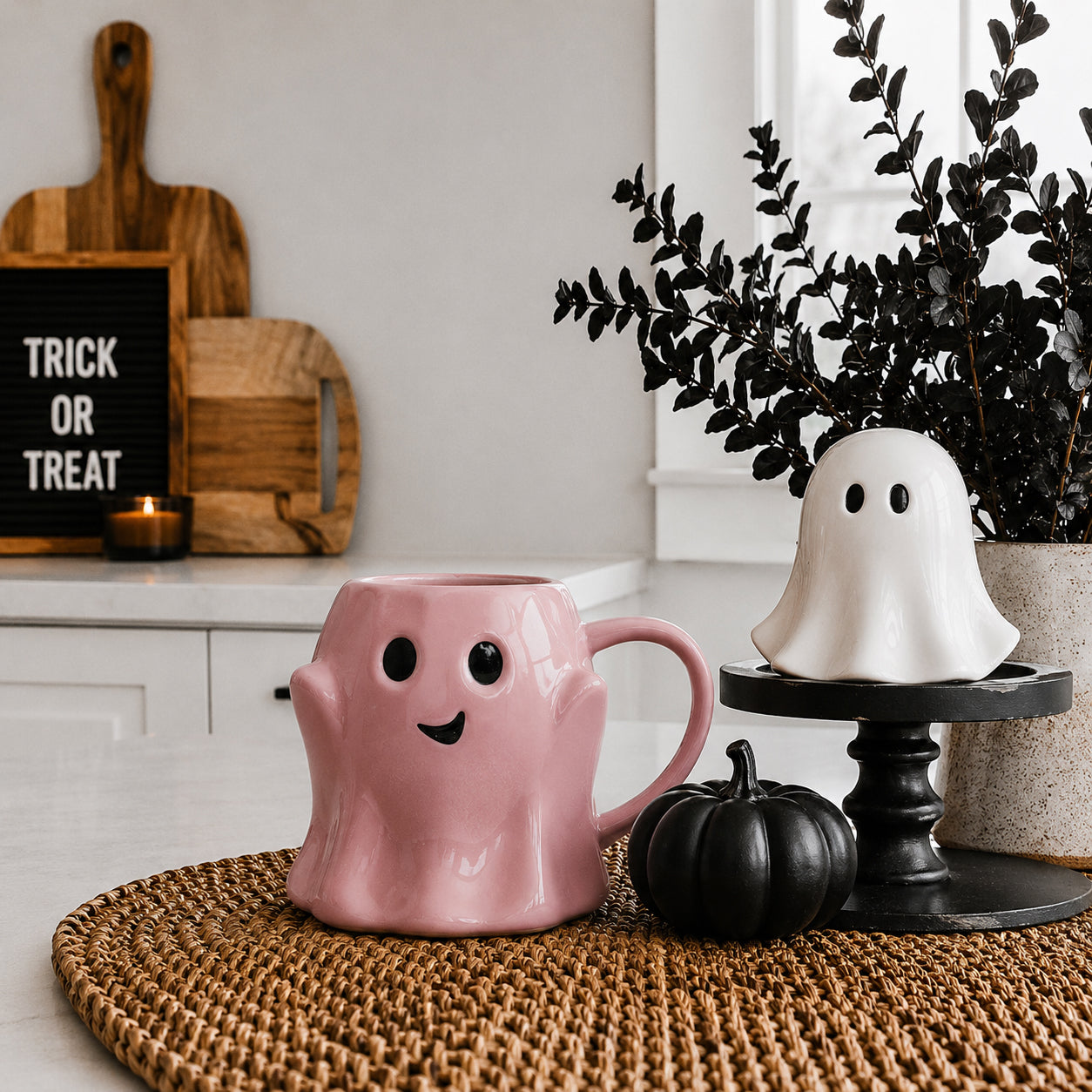 Ghost mug pink ceramic coffee mug by Gia Roma with a cute face, 2-piece ghost decor on pedestal on Tampa Home & Garden Store
