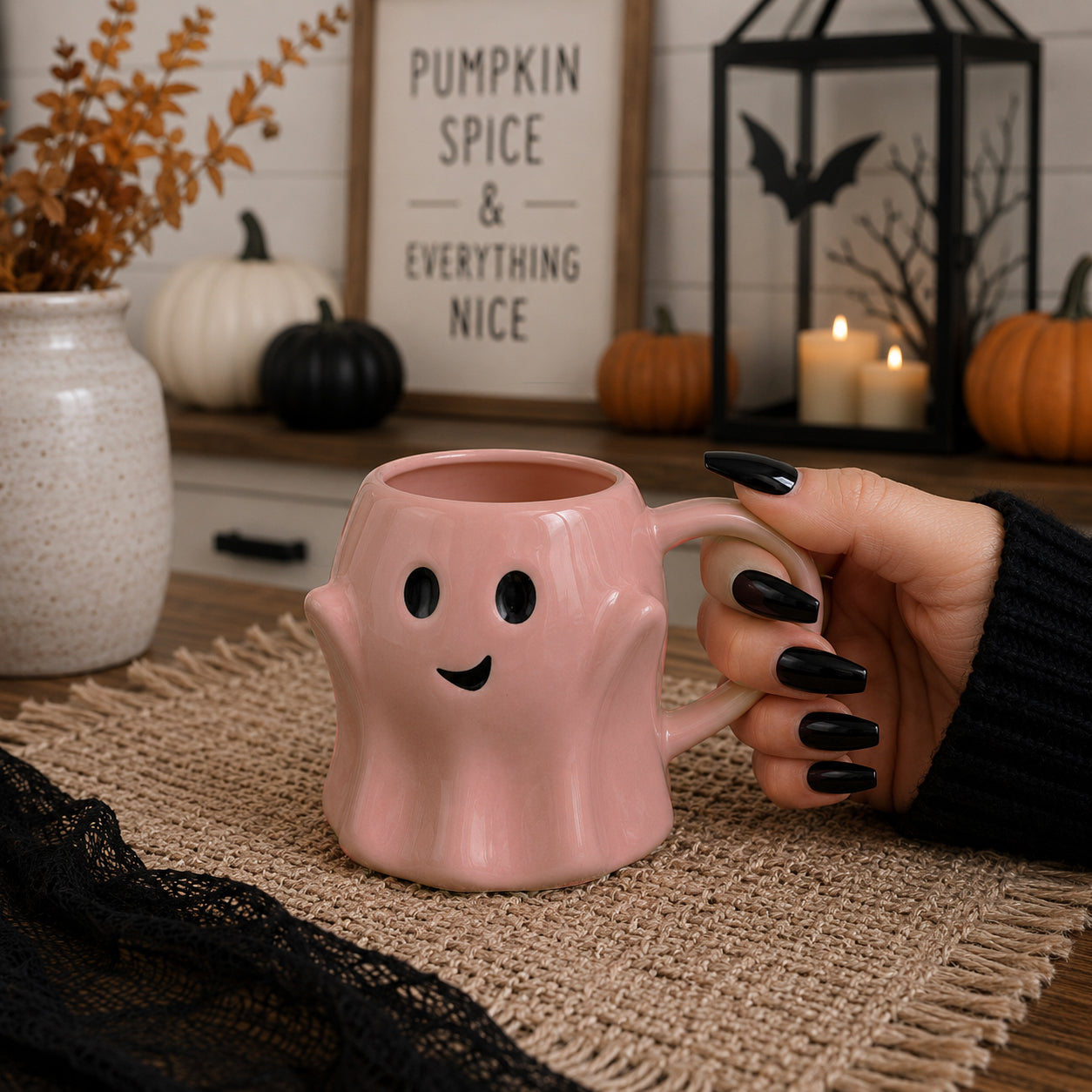 Ghost Mug Gia Roma pink ceramic coffee mug with a cute face on Tampa Home & Garden Store