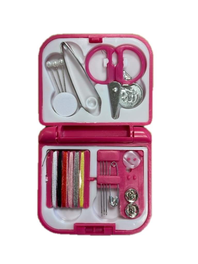 Sewing kit in pink case with scissors, thread spools, needles, and buttons River Country Gear on Tampa Home & Garden Store