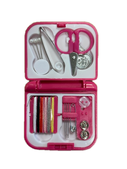 Sewing kit in pink case with scissors, thread spools, needles, and buttons River Country Gear on Tampa Home & Garden Store