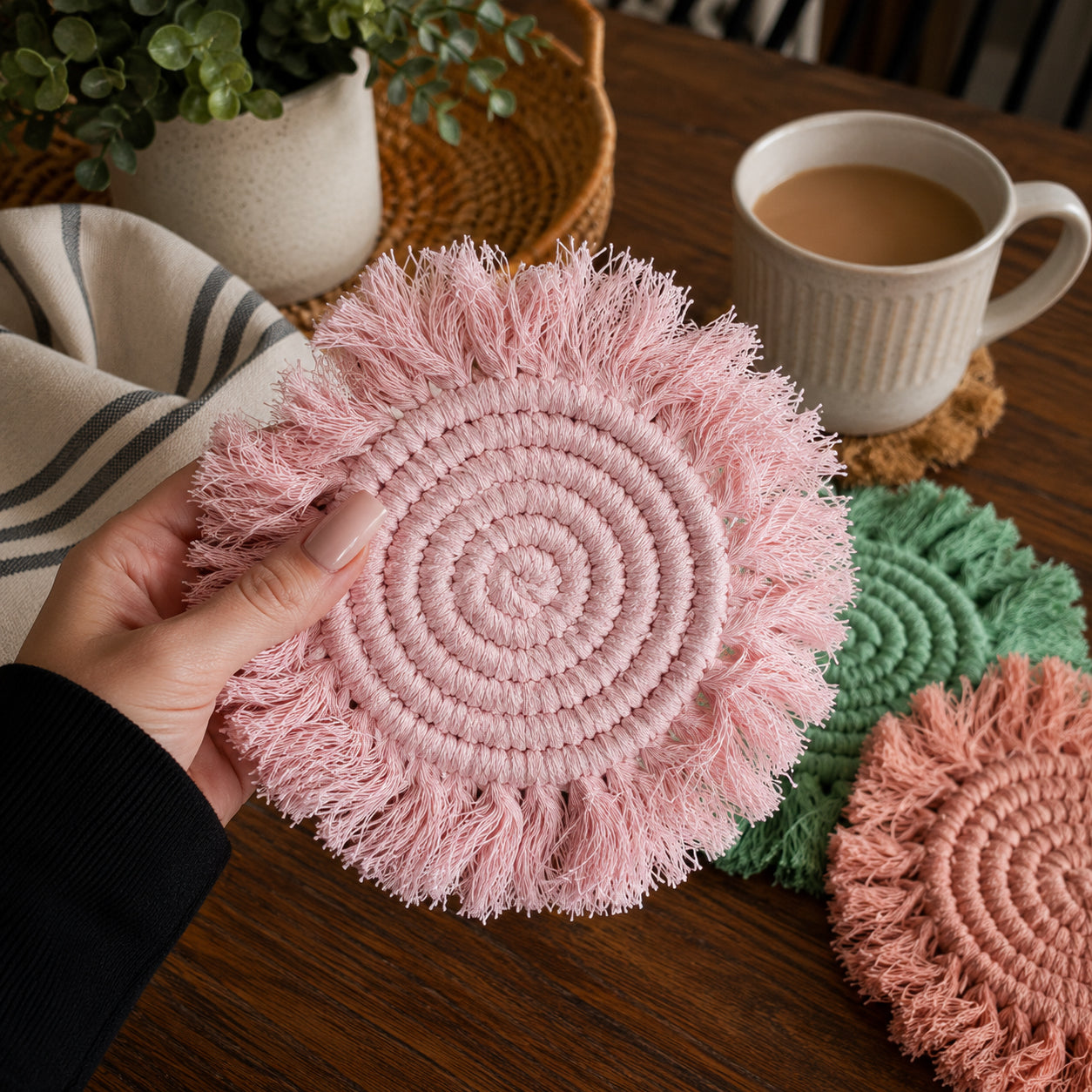 Sous-verres tressés à pompons pastel