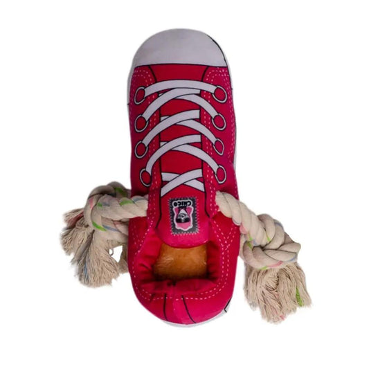 Squeaky Comfort Plush Sneaker Dog Toy Pink with rope-chew sides on Tampa Home & Garden Store