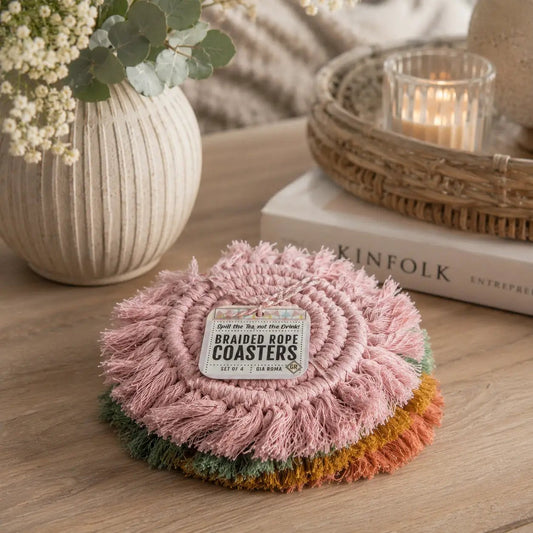 Braided rope coasters set of 4 with pastel tassels in pink, green, yellow and orange by Gia Roma on Tampa Home & Garden Store