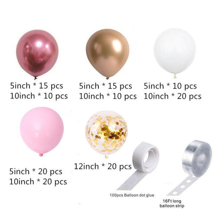 Stevvex Pink White Gold Balloon Garland Arch Kit with assorted balloons, tape and strips on Tampa Home & Garden Store