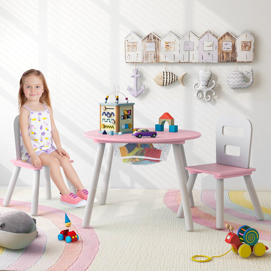 Wood Activity Kids Table and Chair Set with Center Mesh Storage for Snack Time and Homework-Pink - Tampa Home & Garden Store