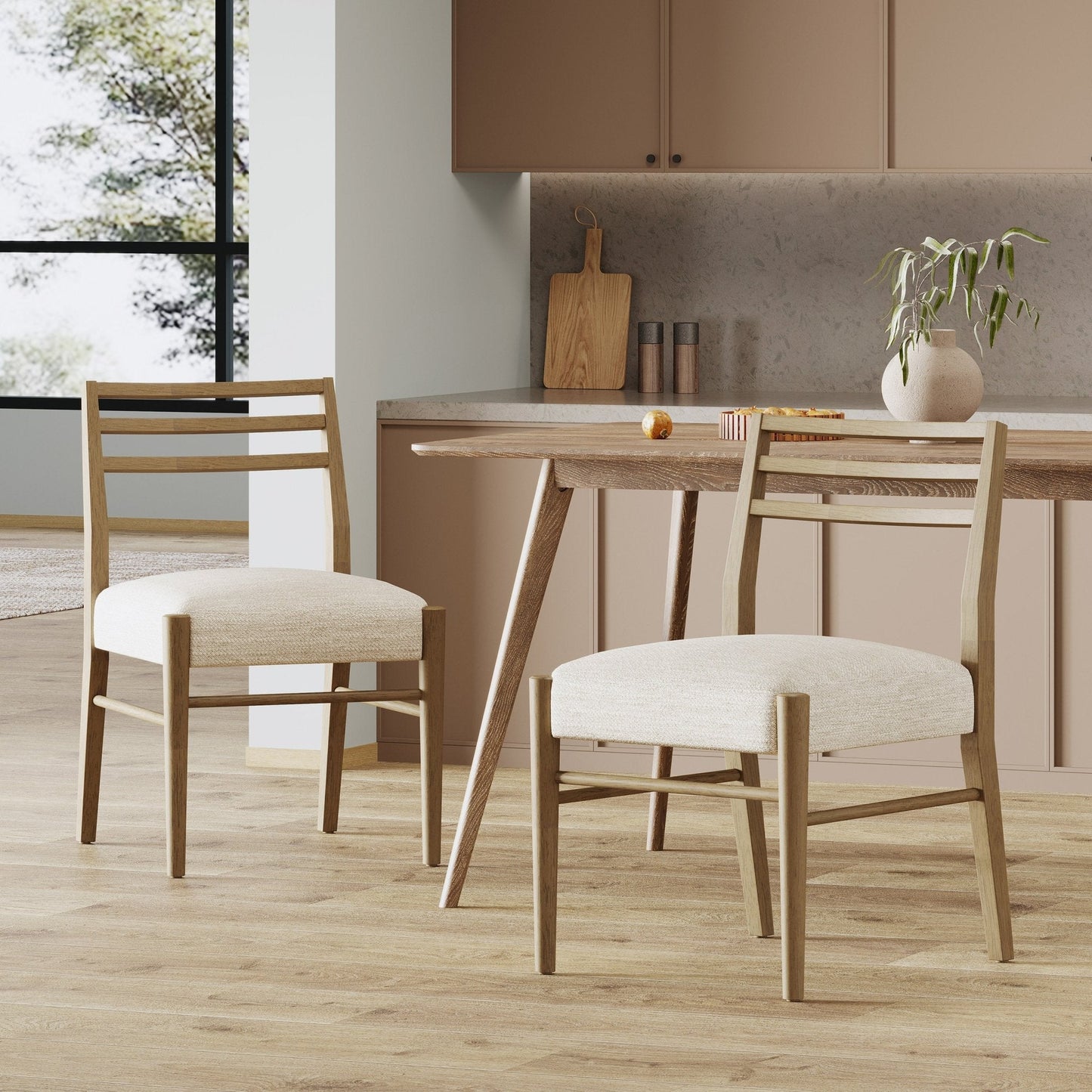Pinnacle Dining Chairs by HouseOfZazla, set of 2, light wood with beige upholstery on Tampa Home & Garden Store