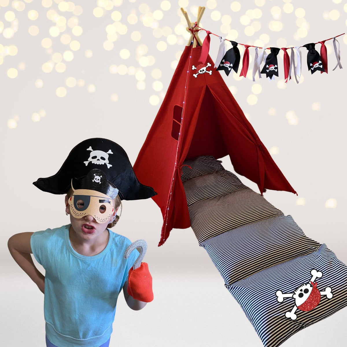 Pirate Teepee Tent Play Set with red teepee and skull banner pennants for pretend play on Tampa Home & Garden Store