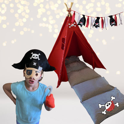 Pirate Teepee Tent Play Set with red teepee and skull banner pennants for pretend play on Tampa Home & Garden Store