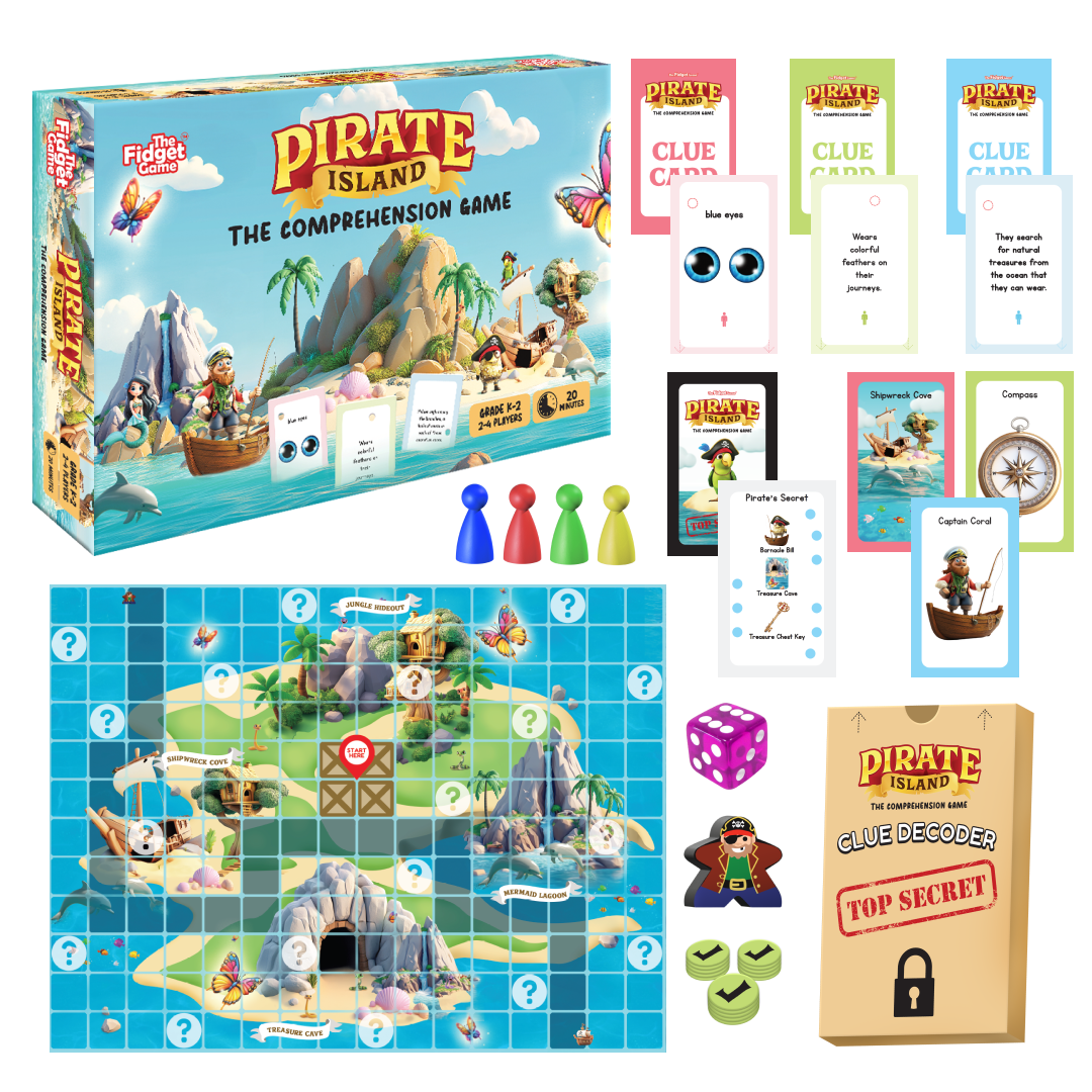 Pirate Island board game by The Fidget Games; map grid, clue cards, dice, 4 pawns, treasure box on Tampa Home & Garden Store