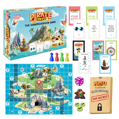 Pirate Island board game by The Fidget Games; map grid, clue cards, dice, 4 pawns, treasure box on Tampa Home & Garden Store