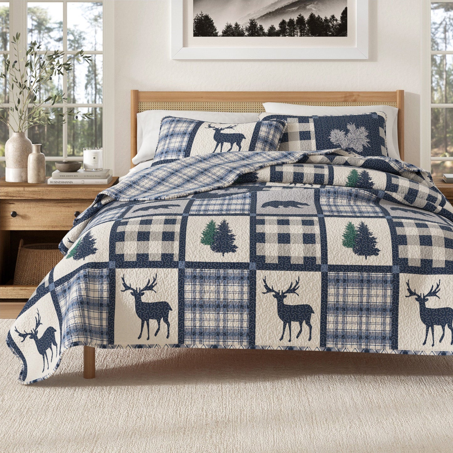 Plaid Lodge Quilt Set and Reversible Bear Design