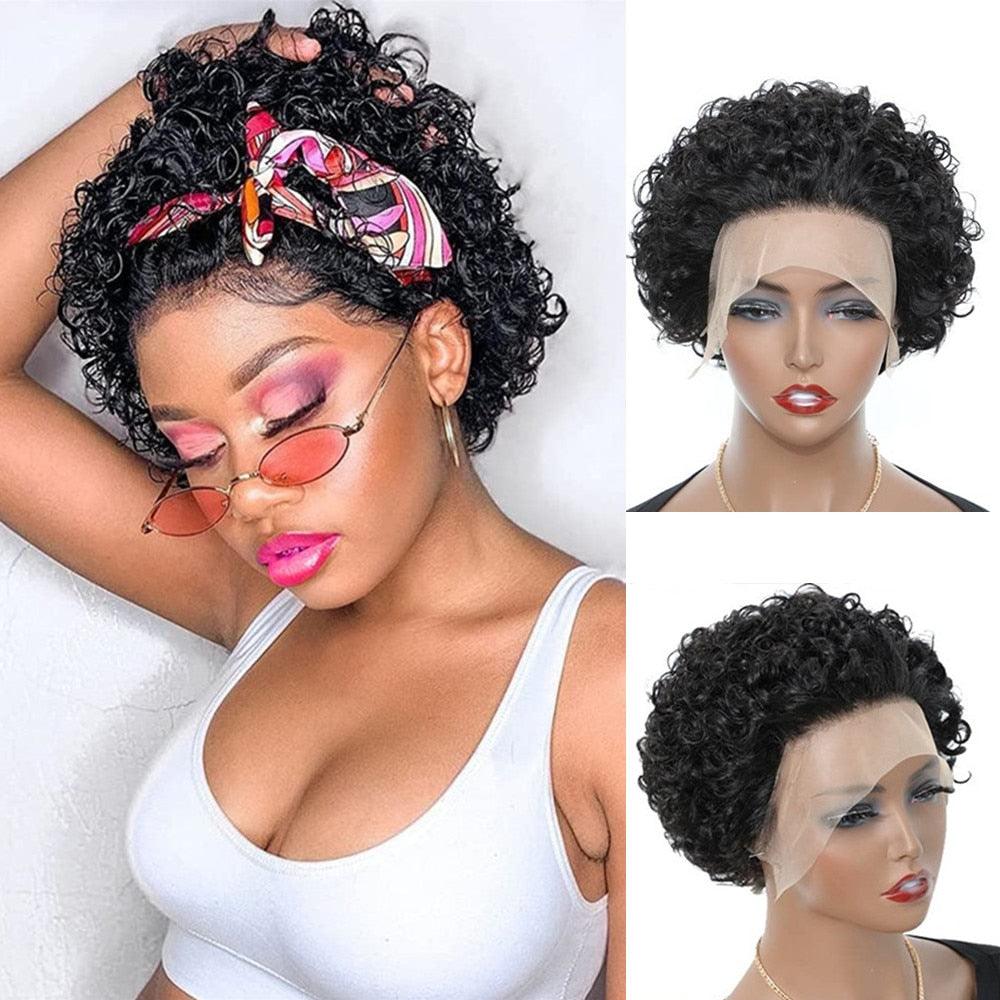 Stevvex Pixie Cut Short Curly Wig, human hair, lace front with baby hair, black on Tampa Home & Garden Store