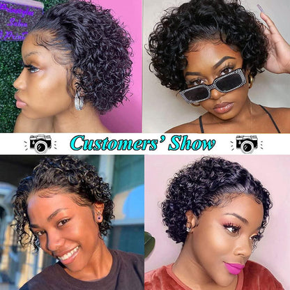 Pixie Cut Short Curly Wig Stevvex four-model collage shows short curly wigs with baby hair on Tampa Home & Garden Store