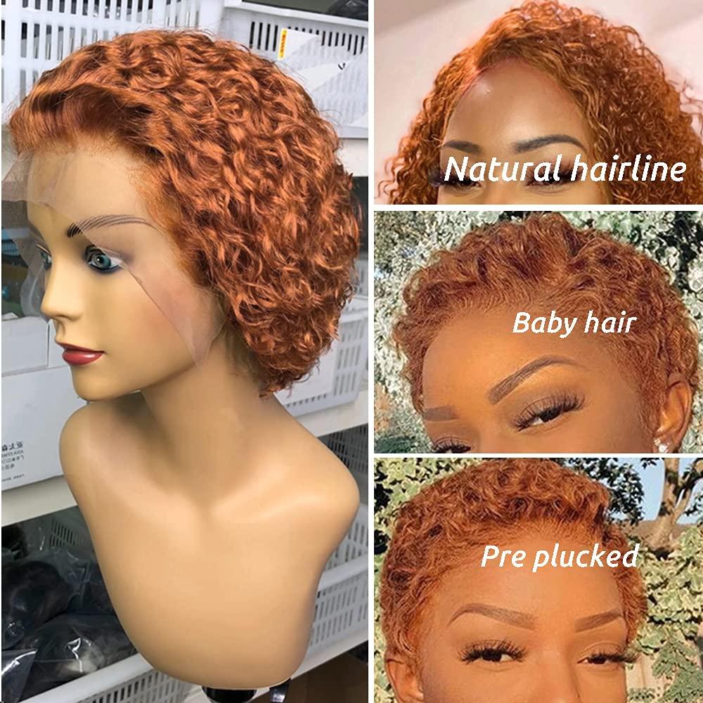 Pixie Cut Short Curly Wig Stevvex orange-brown lace-front with baby hair pre-plucked hairline on Tampa Home & Garden Store