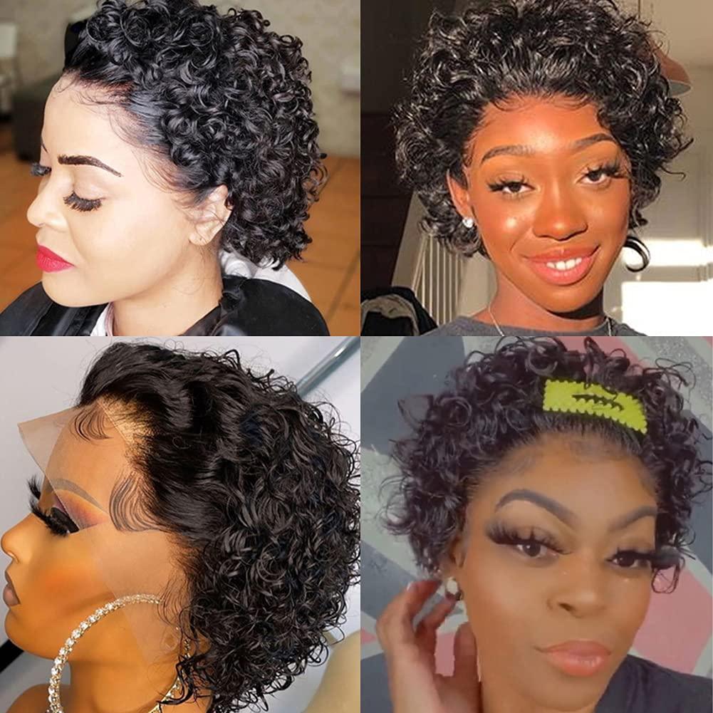 Stevvex Pixie Cut Short Curly Wig, lace front, virgin Brazilian deep water wave, baby hair on Tampa Home & Garden Store