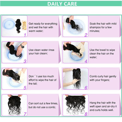 Infographic showing eight wig care steps for Stevvex pixie cut short curly wig on Tampa Home & Garden Store