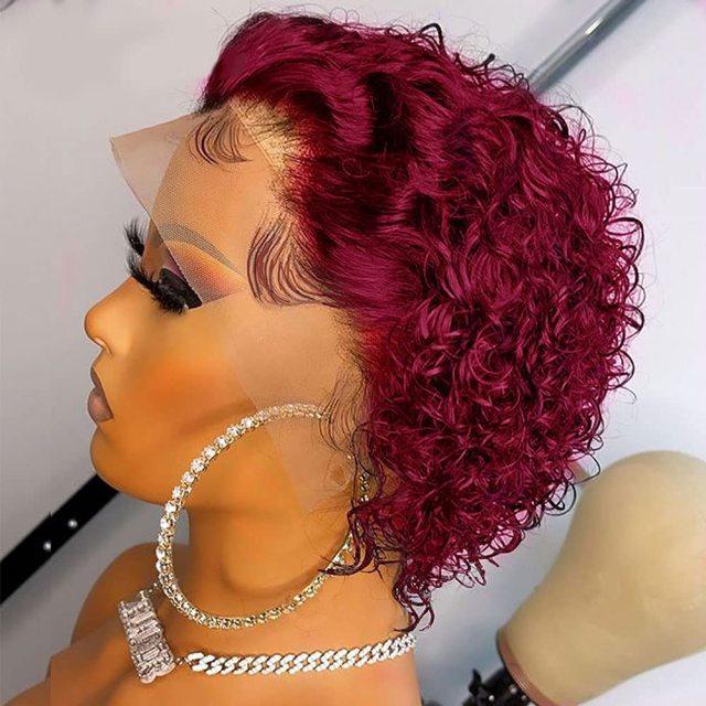 Pixie Cut Short Curly Wig burgundy deep water wave lace front with baby hairs, human hair on Tampa Home & Garden Store