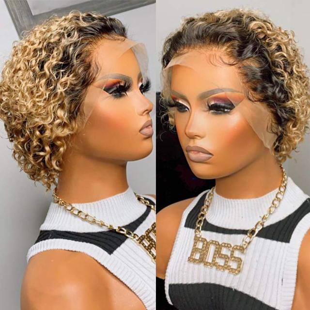 Pixie-cut short curly wig with blonde highlights and dark roots, lace front, two views on Tampa Home & Garden Store