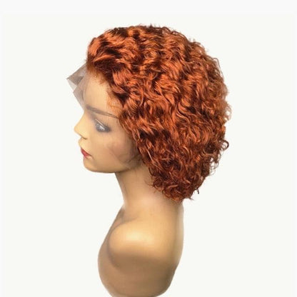 Pixie-cut short curly lace-front wig in copper red, human hair texture on mannequin head on Tampa Home & Garden Store