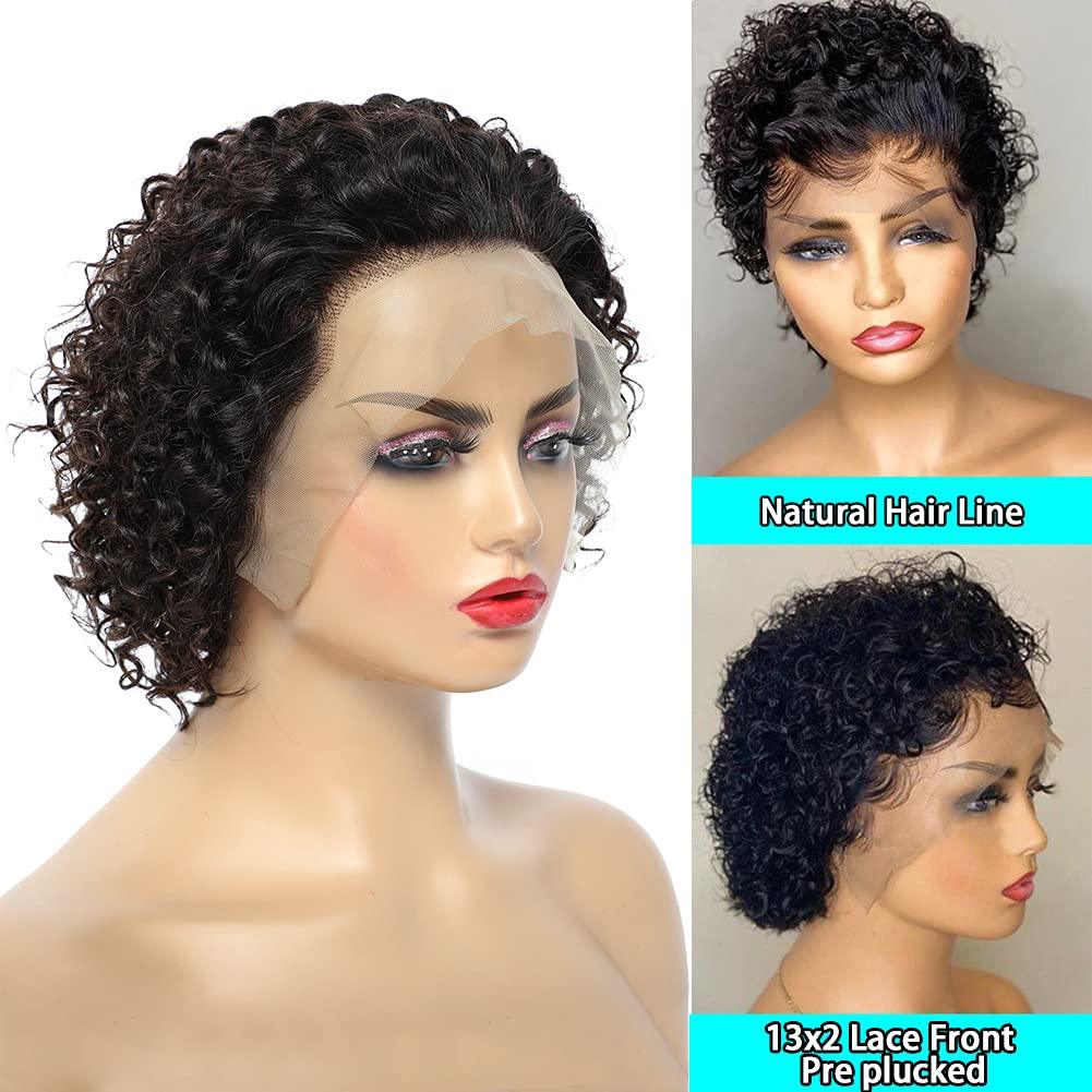 Stevvex pixie cut short curly wig, black human hair, lace front 13x2, pre-plucked baby hair on Tampa Home & Garden Store