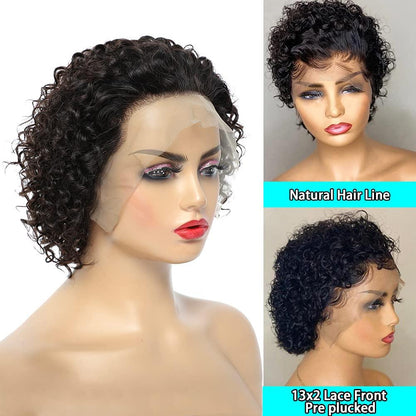 Stevvex pixie cut short curly wig, black human hair, lace front 13x2, pre-plucked baby hair on Tampa Home & Garden Store