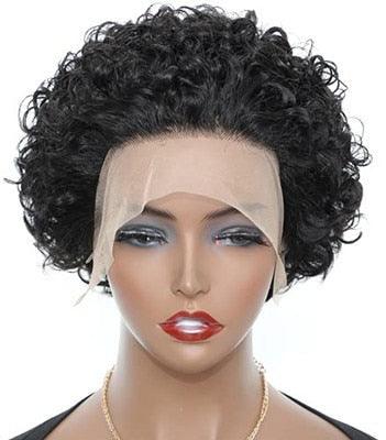 Pixie Cut Short Curly Wig human hair with lace front and baby hairs in black Stevvex on Tampa Home & Garden Store