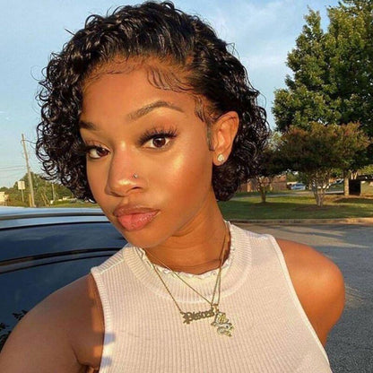 Stevvex pixie cut wig, black curly short bob, human hair full machine wig on Tampa Home & Garden Store