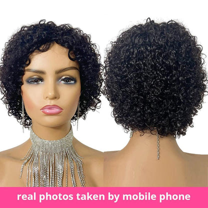 Stevvex pixie cut wig, black curly short bob, human hair full machine wig for women on Tampa Home & Garden Store