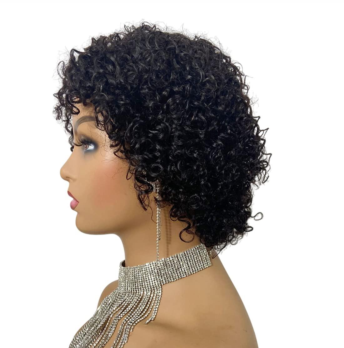 Stevvex Pixie Cut Wig, short curly black human hair, full machine-made wig for women on Tampa Home & Garden Store