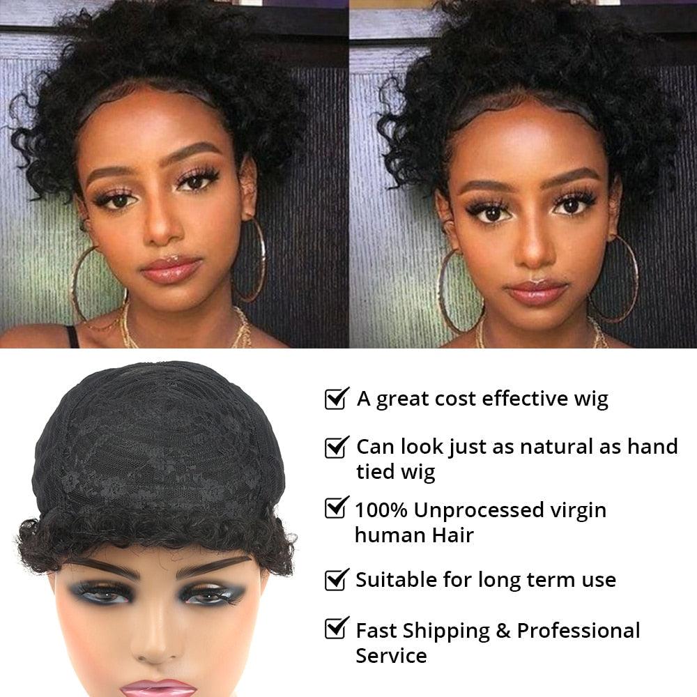 Stevvex Pixie Cut Wig, black human hair, short curly bob, lace-cap, shown in 2 views on Tampa Home & Garden Store