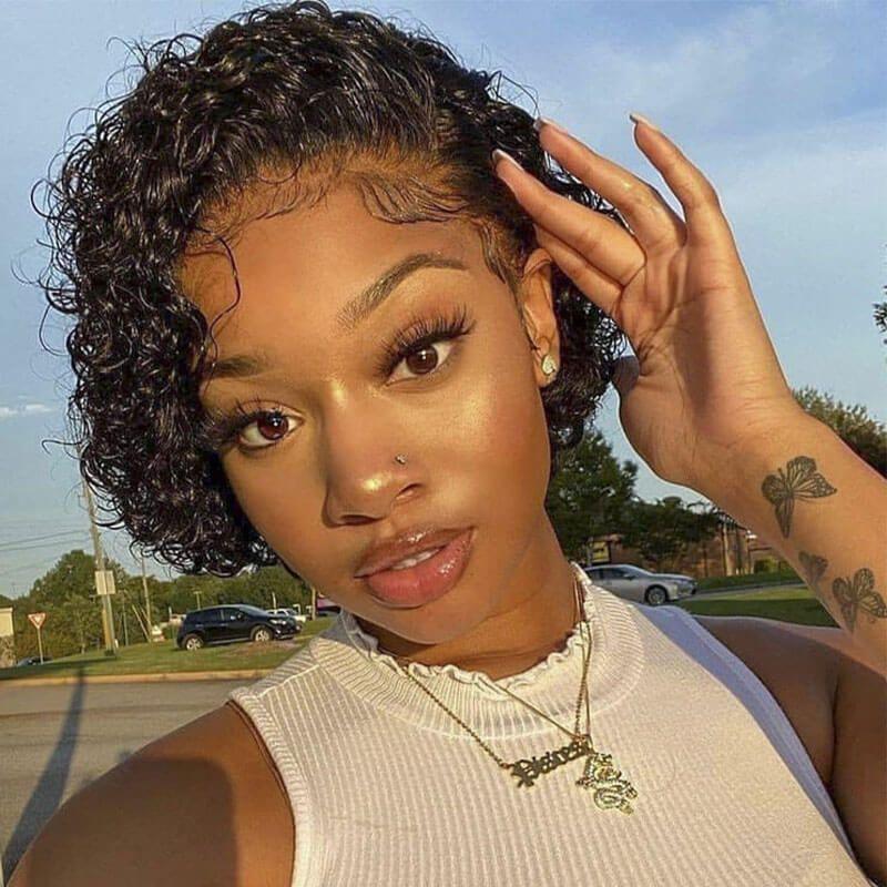 Stevvex pixie cut wig black short curly bob made of human hair on Tampa Home & Garden Store
