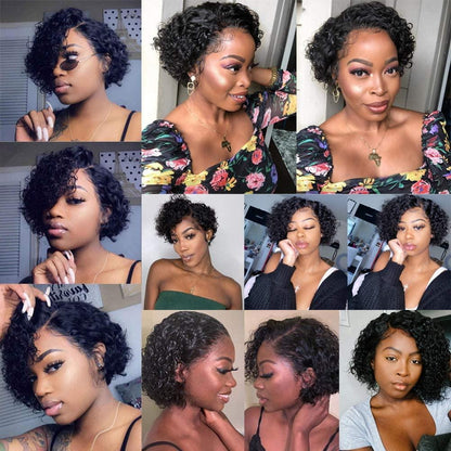 Stevvex pixie cut wig collage, black short curly bob, human hair full machine-made wig on Tampa Home & Garden Store