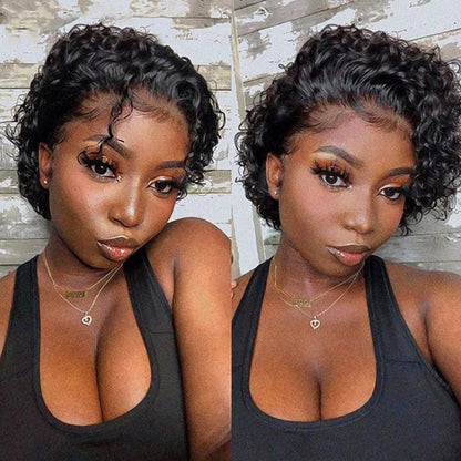 Stevvex pixie cut short curly human hair wig with 13x1 transparent lace front on a woman on Tampa Home & Garden Store