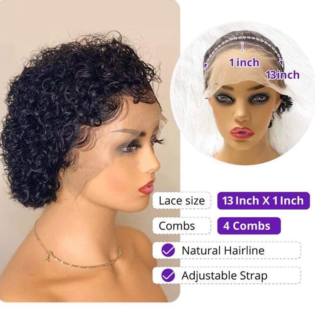 Stevvex Pixie Cut Wig, short curly human hair with 13x1 transparent lace front, natural hairline on Tampa Home & Garden Store