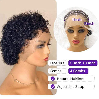 Stevvex Pixie Cut Wig, short curly human hair with 13x1 transparent lace front, natural hairline on Tampa Home & Garden Store