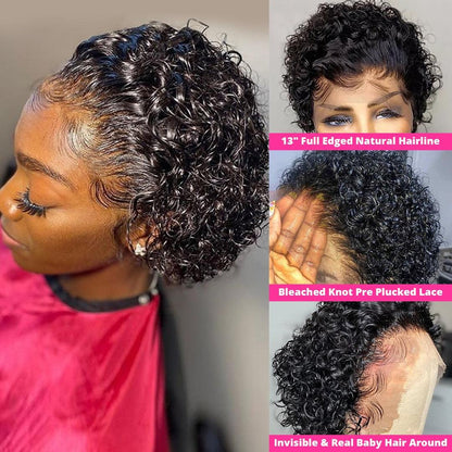 Pixie Cut Wig Stevvex Short Curly Human Hair, 13x1 Lace, Pre Plucked Baby Hair for Black Women on Tampa Home & Garden Store