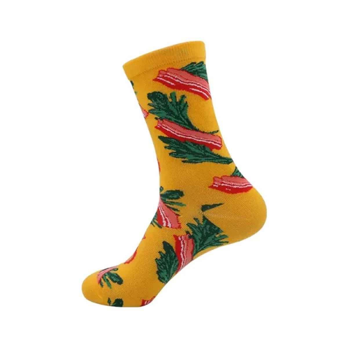Shaketea pizza socks novelty crew socks with yellow background and pepperoni basil pattern on Tampa Home & Garden Store