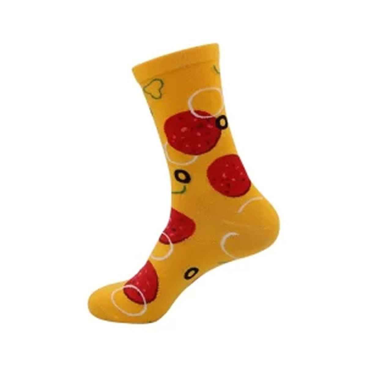 Shaketea pizza novelty crew socks in golden yellow with pepperoni prints on Tampa Home & Garden Store