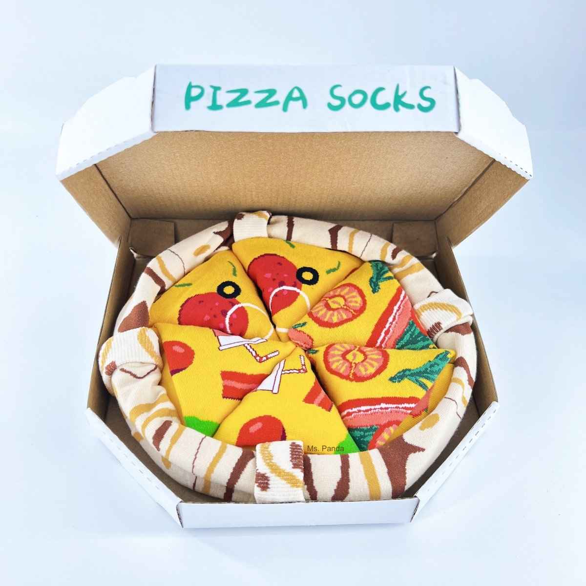 Pizza Socks Gift Box: 4 pairs of novelty pizza crew socks in yellow with pepperoni on Tampa Home & Garden Store