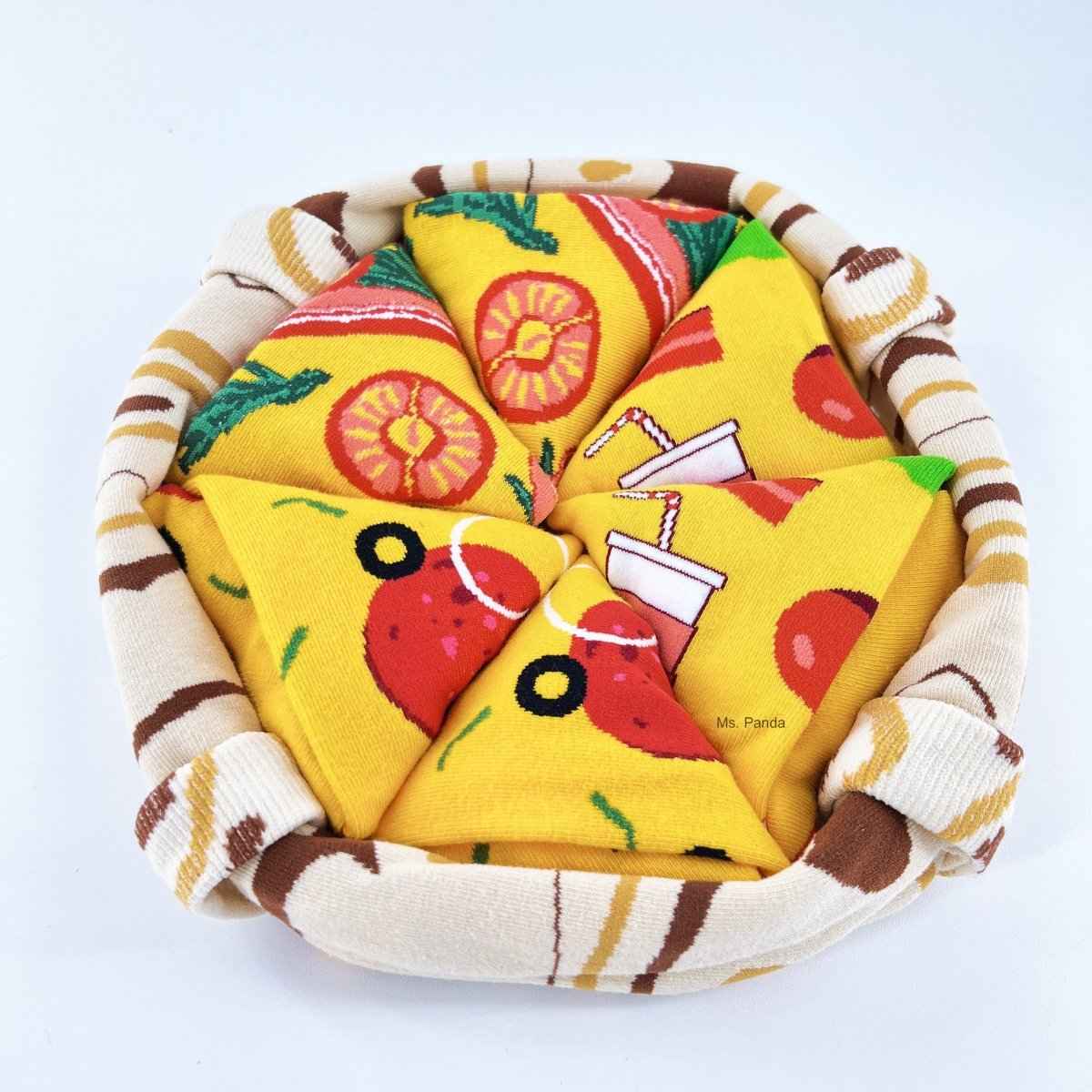 Pizza Socks Gift Box: 4 yellow crew socks with pizza slices and drinks in a striped basket on Tampa Home & Garden Store
